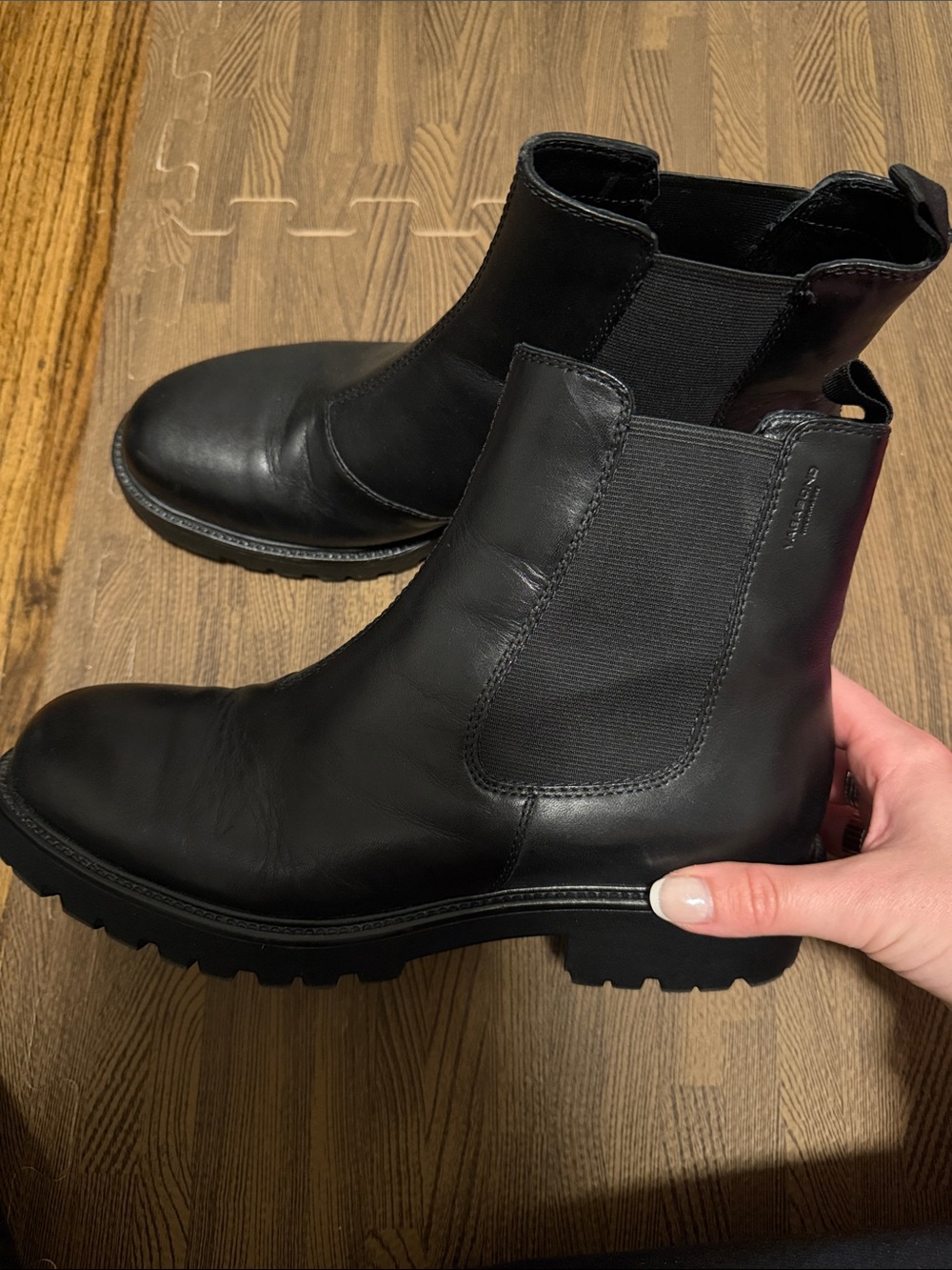 Vagabond Black Leather Chelsea Lug Booties with Elastic Panels